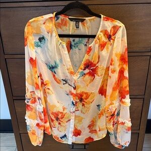 White House Black Market Sheer Floral Women's Top - Orange, White, Turquoise
